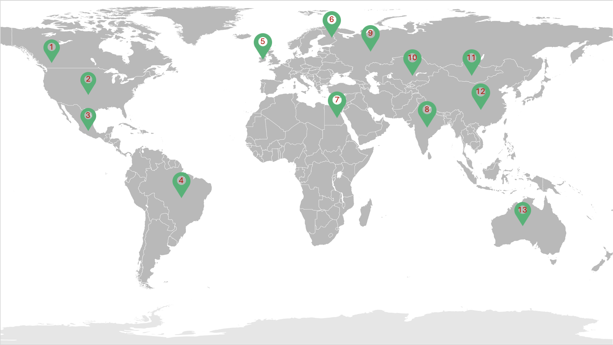 world map with 13 locations marked